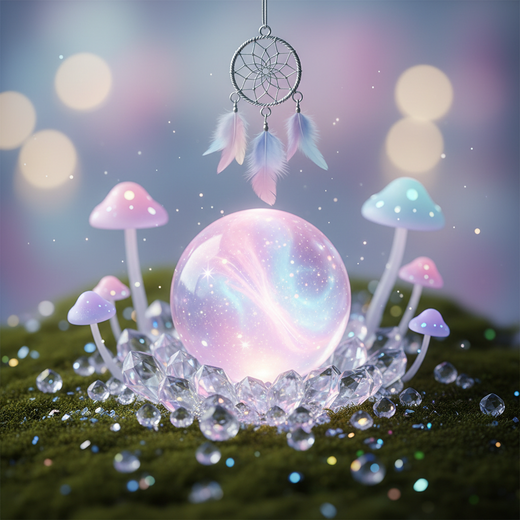 Extra small mystery ball with fairy magic, crystals, mushrooms and dreamcatcher