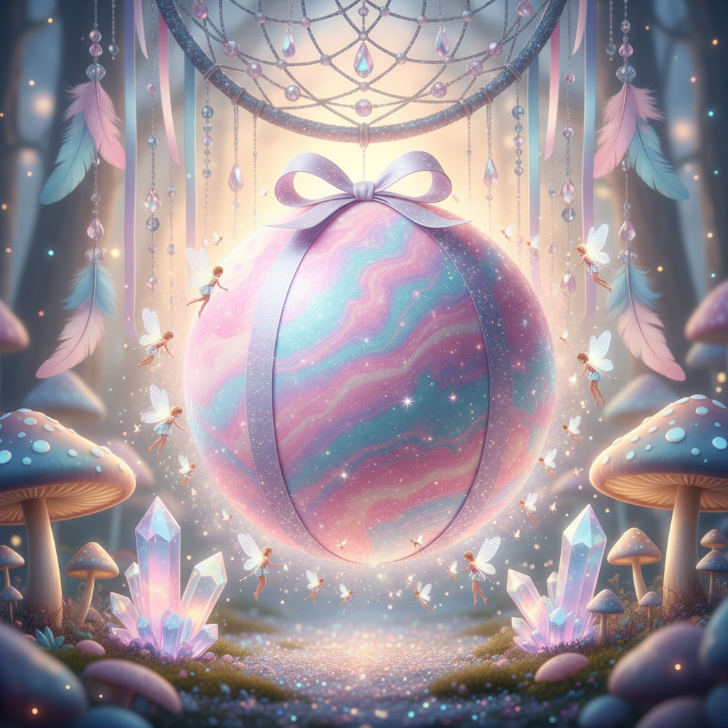 Extra large mystery ball radiating magical energy with fairies, crystals, mushrooms and dreamcatcher