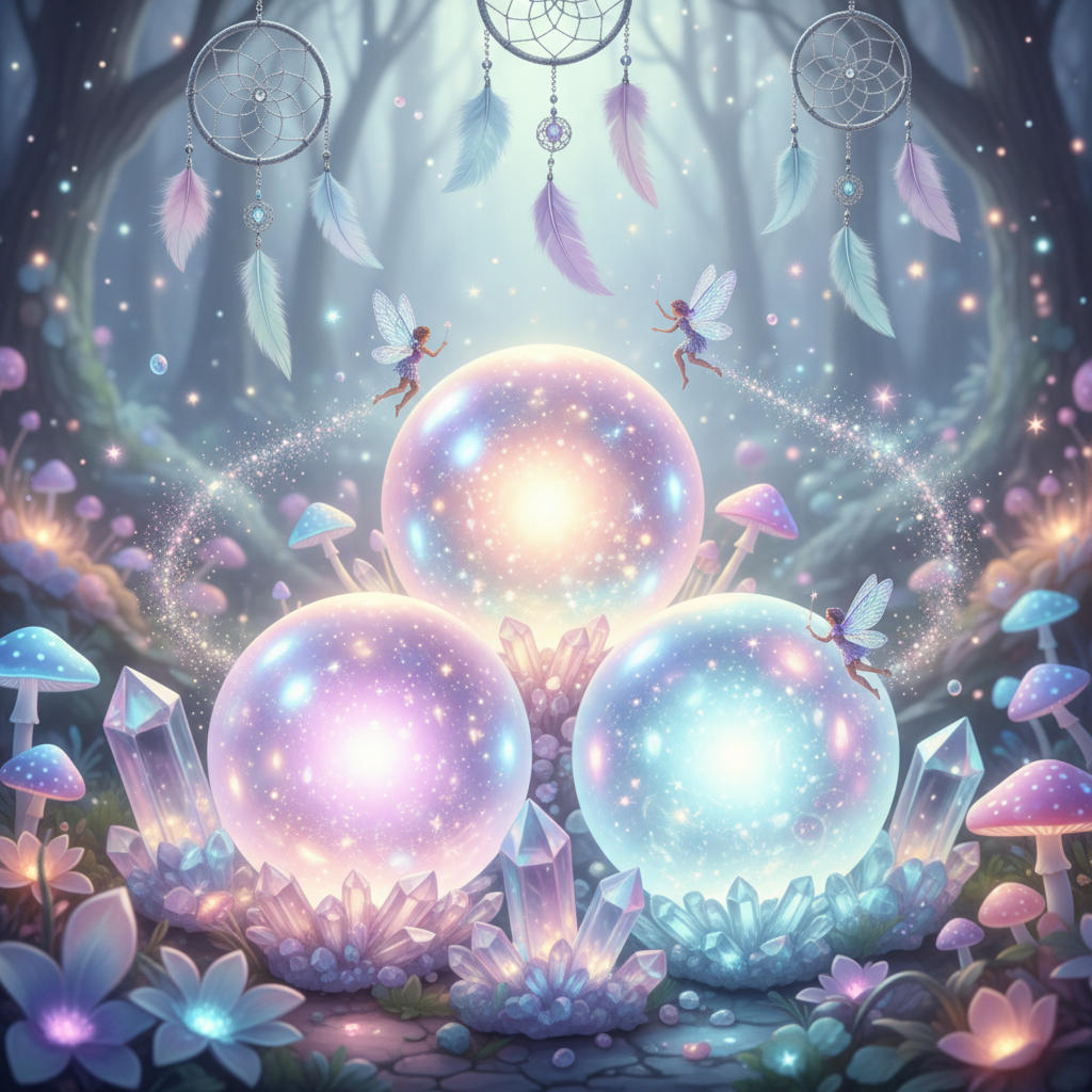 Three magical mystery scoop balls with fairies, crystals, mushrooms and dreamcatchers