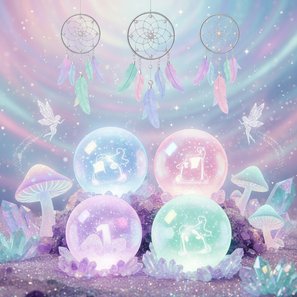 Four magical mystery scoop balls with fairies, crystals, mushrooms and dreamcatchers
